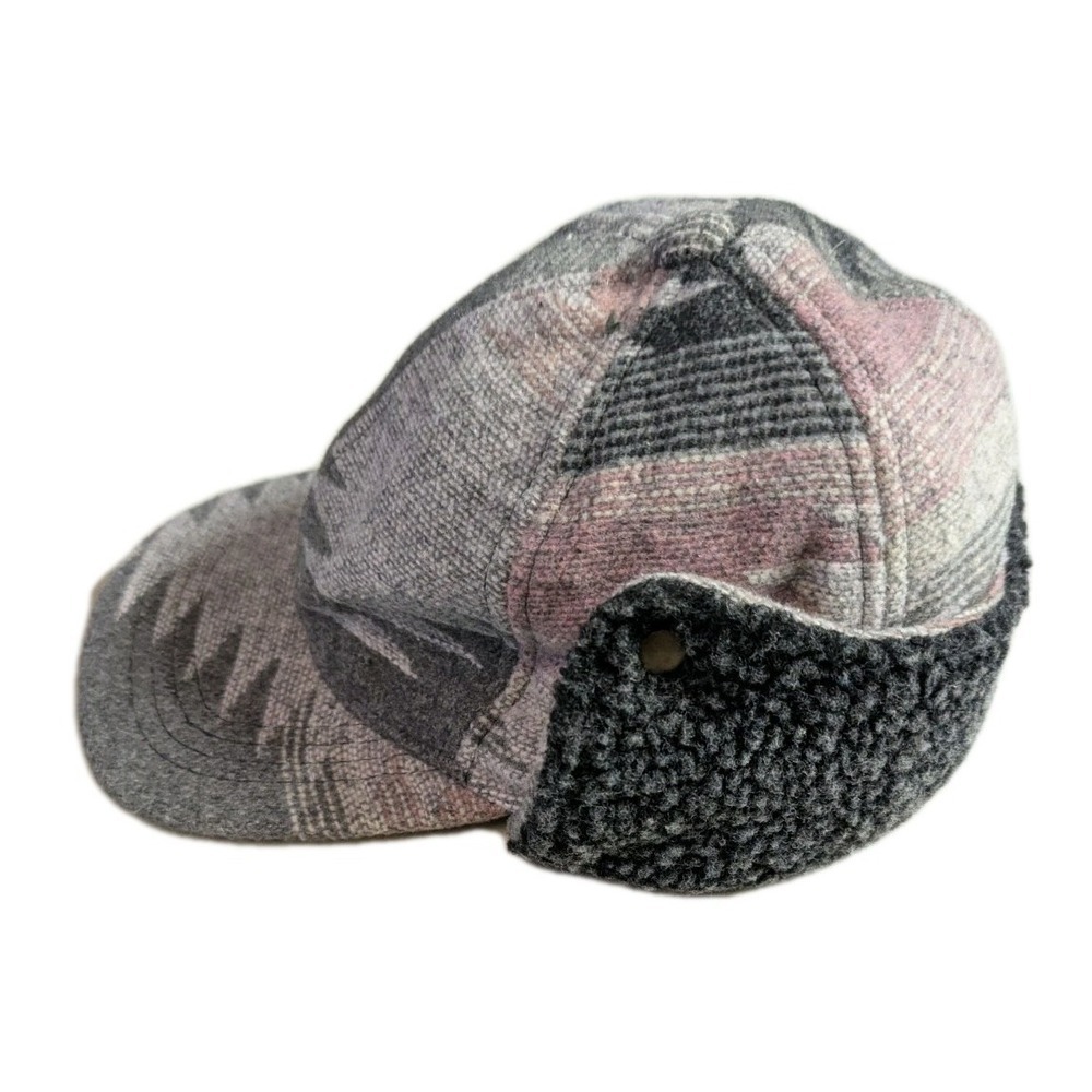 Scala Southwestern Aztec Trapper Hat Earflap Cap Faux Fur Lined Grey Pink OS